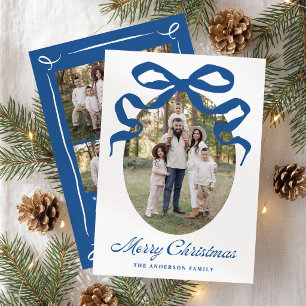 Met de Hand Getekende Blauwe Strik Kerst Foto Feestdagenkaart