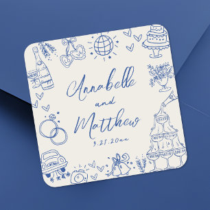Met de Hand Getekende Blauwe Trouwkaart in Vintage Vierkante Sticker