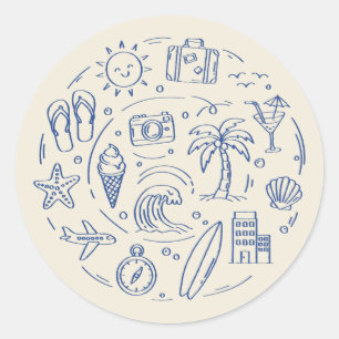 Met de hand getekende blauwe zomervakantie krabbel ronde sticker