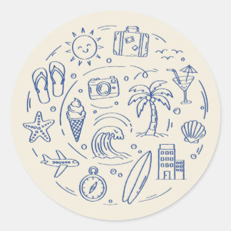 Met de hand getekende blauwe zomervakantie krabbel ronde sticker