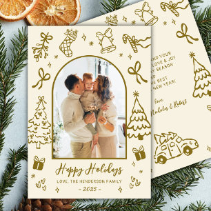 Met de Hand Getekende Boog Foto Goud Beige Kerst G Feestdagenkaart