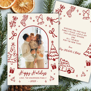 Met de Hand Getekende Boog Foto Rode Beige Kerst G Feestdagenkaart