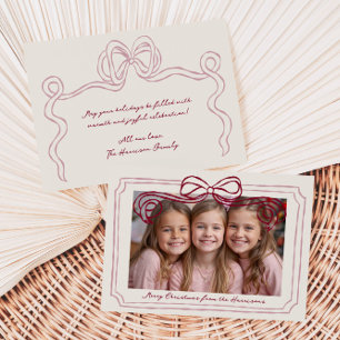 Met de hand getekende bordeauxroze strik frame feestdagenkaart