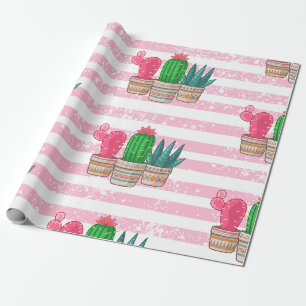 met de hand getekende cactus met strepen achtergro cadeaupapier