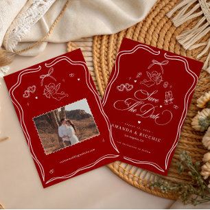 Met de Hand Getekende Cherubijn Vintage Cupido Rod Save The Date