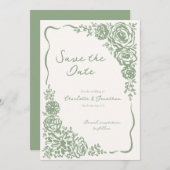 Met de Hand Getekende Fantasievolle Saliegroene Bl Save The Date (Voorkant / Achterkant)