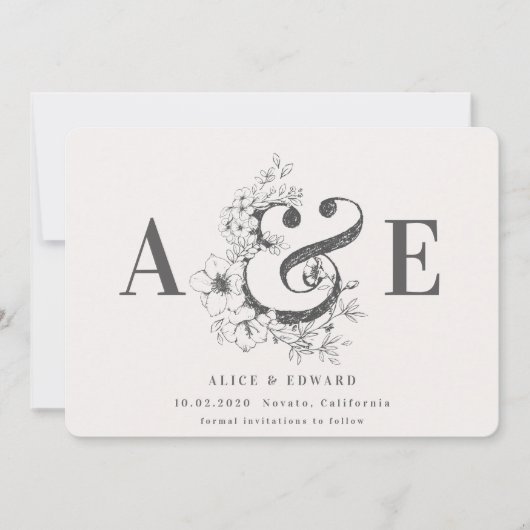 Met de hand getekende florale behalve de datum save the date (Voorkant)