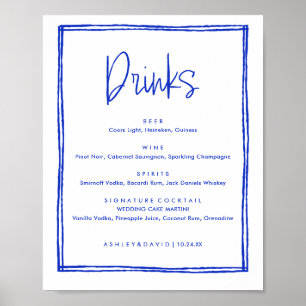 Met de Hand Getekende Franse Blauwe Trouwbar Drank Poster