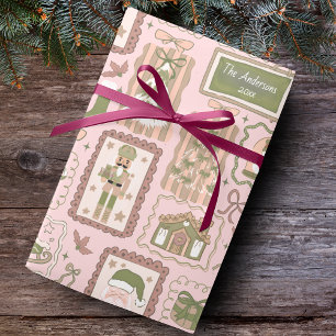 Met de hand getekende groene perzik kerst aangepas cadeaupapier