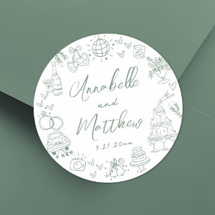 Met de Hand Getekende Groene Whimsical Bruiloft Ronde Sticker