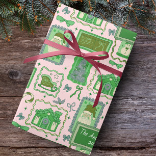 Met de hand getekende kerst groene roze aangepaste cadeaupapier
