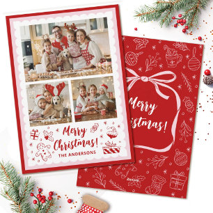 Met de Hand Getekende Kerst Roze Strik 3 Familie F Feestdagenkaart