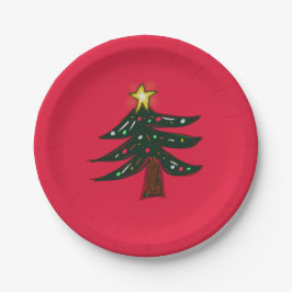 Met de Hand Getekende Kerstboom Rood Papieren Bordje