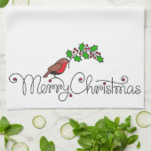 Met de hand getekende Merry KerstRobin met Holly Theedoek (Gevouwen)