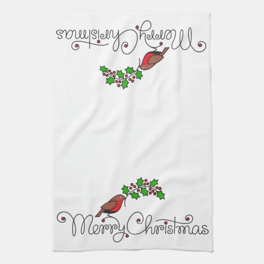 Met de hand getekende Merry KerstRobin met Holly Theedoek (Verticaal)