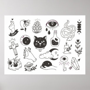met de hand getekende mystieke tattoos doedelen, poster