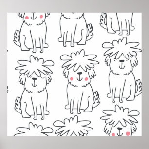 Met de hand getekende pluizige honden:  patroon. poster