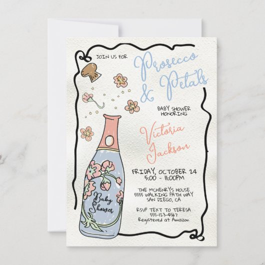 Met de hand getekende Presecco en Bloemblaadjes Ba Kaart (Voorkant)