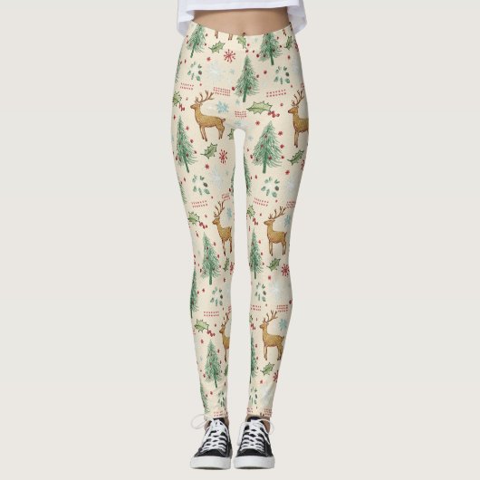 Met de Hand Getekende Rendieren & Kerstboom Leggin Leggings (Voorkant)