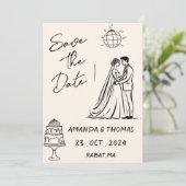Met de hand getekende retro roomkleurige fantasiev save the date (Staand voorkant)