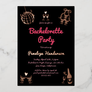 Met de Hand Getekende Retro Roze Zwarte Bacheloret Folie Uitnodiging