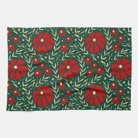 Met de hand getekende rode bloemen en bladeren theedoek (Horizontaal)