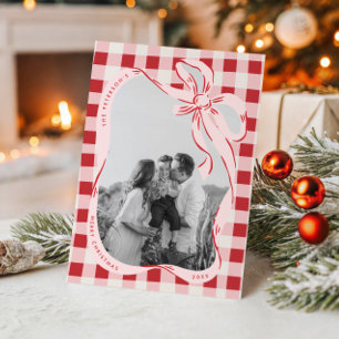 Met de Hand Getekende Rode & Roze Familie Foto Ker Feestdagenkaart