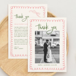 Met de Hand Getekende Roze en Groene Trouwfoto Bedankkaart