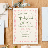 Met de hand getekende roze en groene vun bruiloft kaart