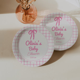 Met de hand getekende roze geruite strik babyshowe papieren bordje