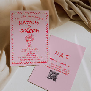 Met de Hand Getekende Roze Rood Retro QR Code Huwe Kaart
