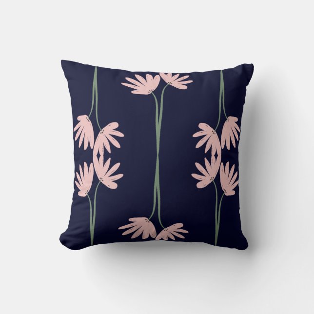 Met de Hand Getekende Roze Wilde Bloemen Navy Blau Kussen (Voorkant)