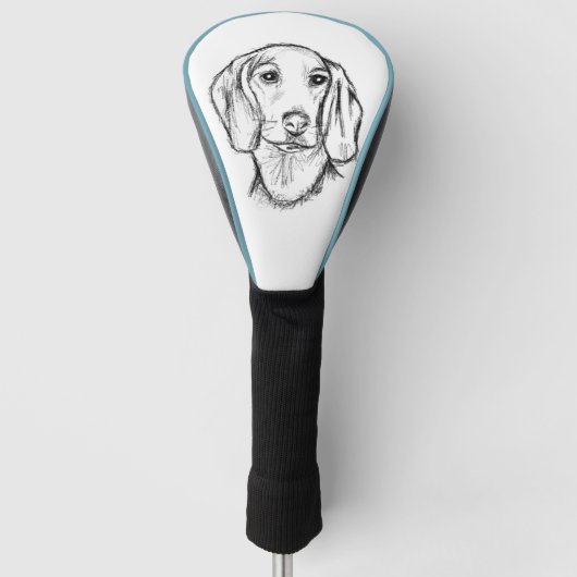 met de hand getekende schets zwarte witte puppy golfheadcover (Voorkant)