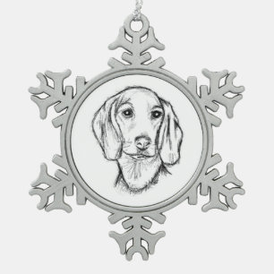 met de hand getekende schets zwarte witte puppy tin sneeuwvlok ornament