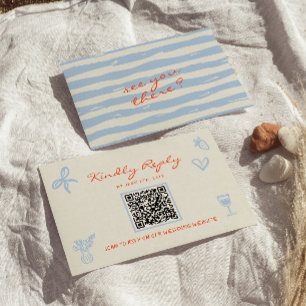 Met de hand getekende speelse QR-code bruiloft RSVP Kaartje