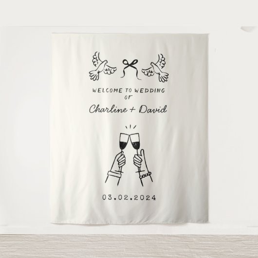 Met de Hand Getekende Trouw Welkom Krabbel Wandkleed (Voorkant)