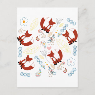 Met de hand getekende vos Harten in geel blauw Roz Briefkaart