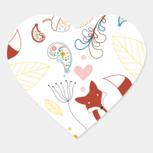 Met de hand getekende vos Harten in geel blauw Roz Hart Sticker