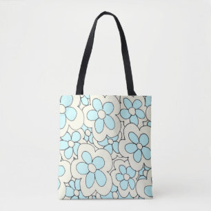 Met de hand getekende vrolijke bloemenprint blauw draagtas