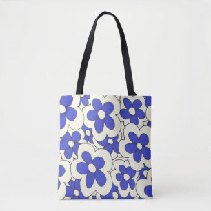 Met de hand getekende vrolijke bloemenprint blauw tote bag