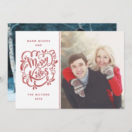 Met de hand getekende vrolijke kus rode glitter fe feestdagenkaart (Voorkant / Achterkant)