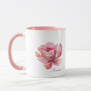 Met de hand getekende waterverf roze bloem mok