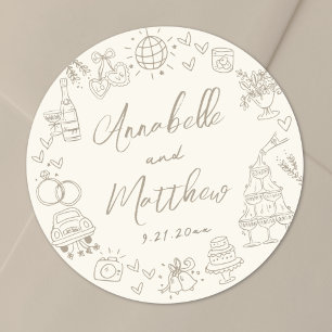 Met de Hand Getekende Whimsical Bruiloft Ronde Sticker