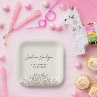 Met de hand getekende wilde bloem baby shower  papieren bordje