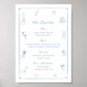 Met de hand getekende witte en blauwe bar drankkaa poster