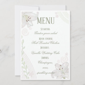 Met de hand getekende witte lelie trouwmenu kaart