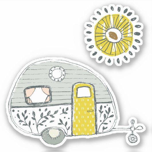 Met de hand getrokken camper aanhangwagen gele zon sticker (Voorkant)