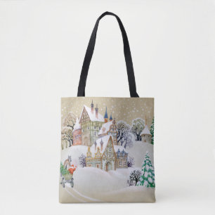 Met de hand getrokken illustratie met winterlandsc draagtas