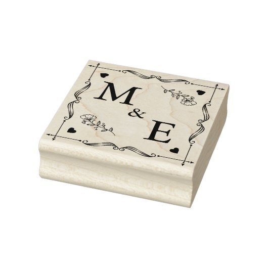 Met de hand getrokken paarse bloemen op monogram p 	rubberstempel (Stempel)