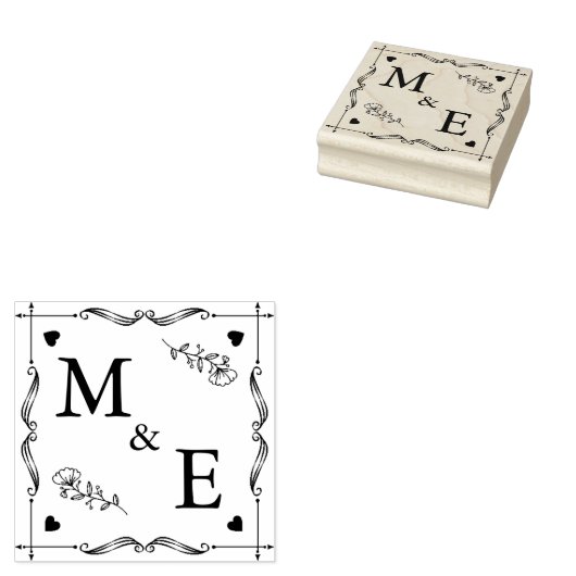 Met de hand getrokken paarse bloemen op monogram p 	rubberstempel (Gestempeld)